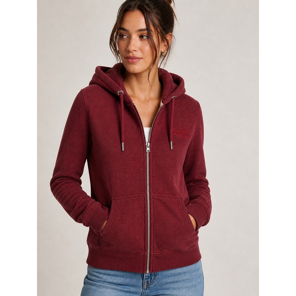 Superdry Burgundy Fleece Lined Zip Hoodie Women's XL Embroidered Logo